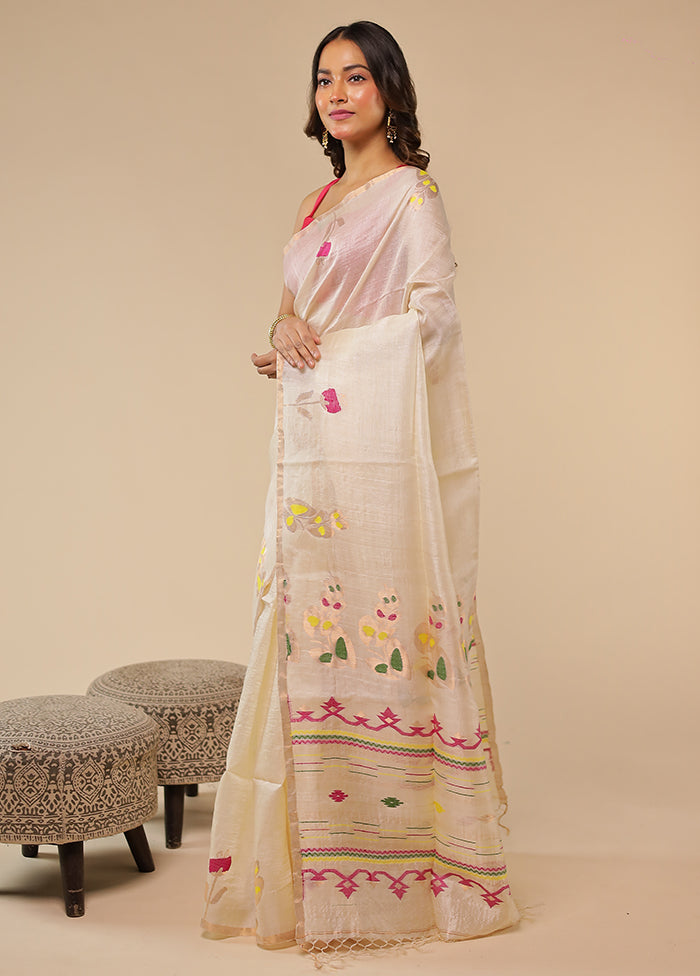 White Handloom Tussar Pure Silk Saree With Blouse Piece