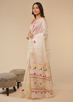 White Handloom Tussar Pure Silk Saree With Blouse Piece