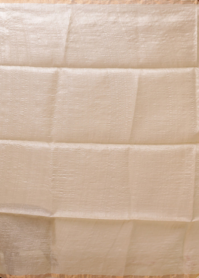 White Handloom Tussar Pure Silk Saree With Blouse Piece