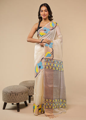 Cream Handloom Tussar Pure Silk Saree With Blouse Piece