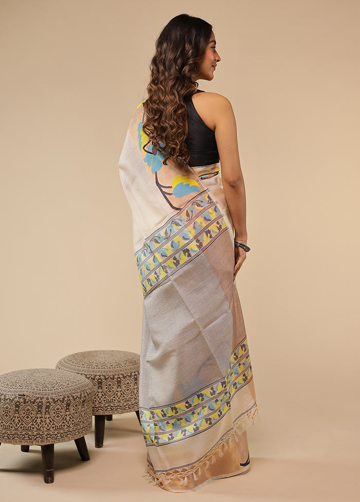 Cream Handloom Tussar Pure Silk Saree With Blouse Piece