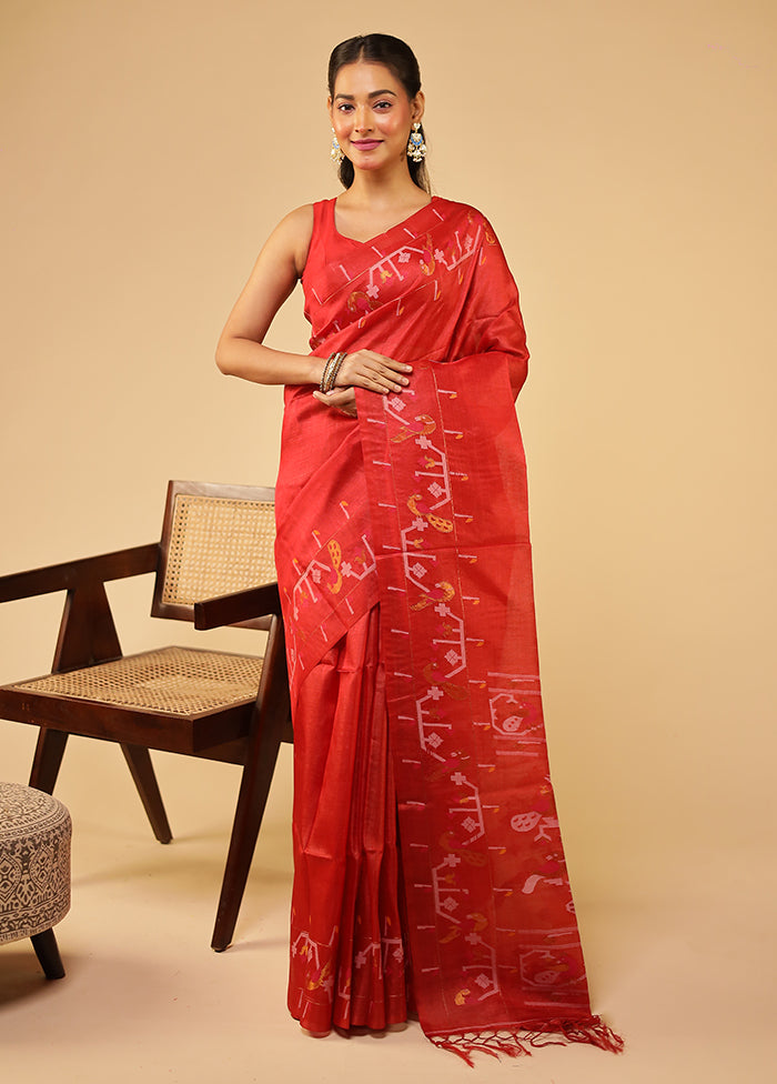 Red Handloom Tussar Pure Silk Saree With Blouse Piece