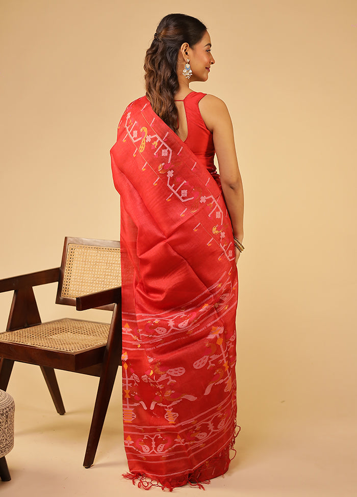 Red Handloom Tussar Pure Silk Saree With Blouse Piece