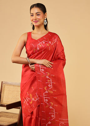 Red Handloom Tussar Pure Silk Saree With Blouse Piece