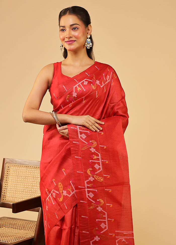 Red Handloom Tussar Pure Silk Saree With Blouse Piece