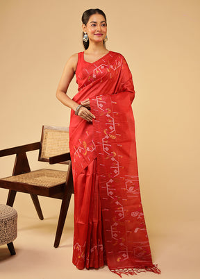 Red Handloom Tussar Pure Silk Saree With Blouse Piece