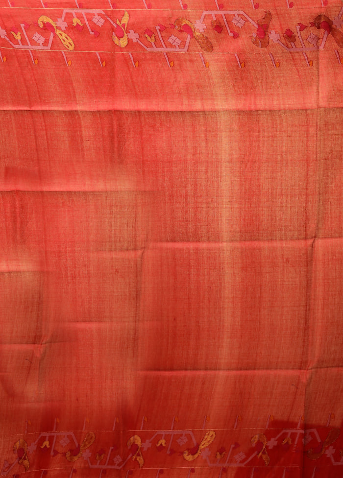 Red Handloom Tussar Pure Silk Saree With Blouse Piece
