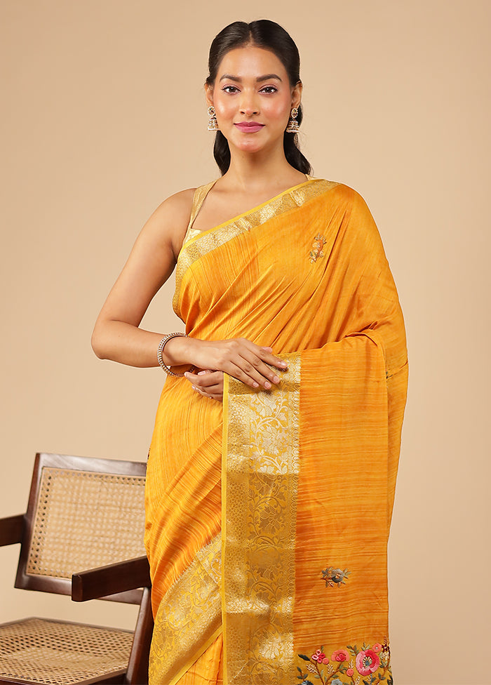 Yellow Tussar Silk Saree With Blouse Piece