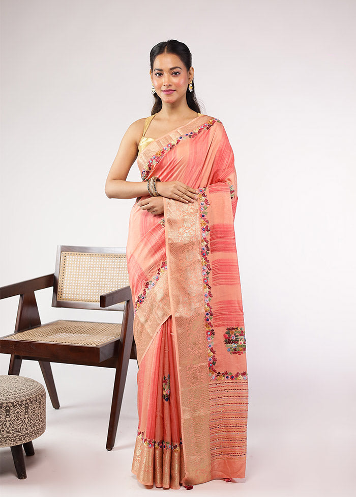 Peach Tussar Silk Saree With Blouse Piece