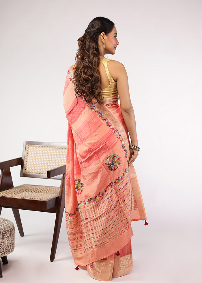 Peach Tussar Silk Saree With Blouse Piece