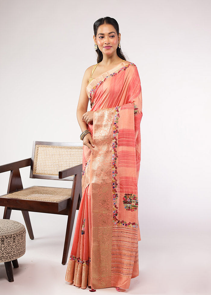 Peach Tussar Silk Saree With Blouse Piece