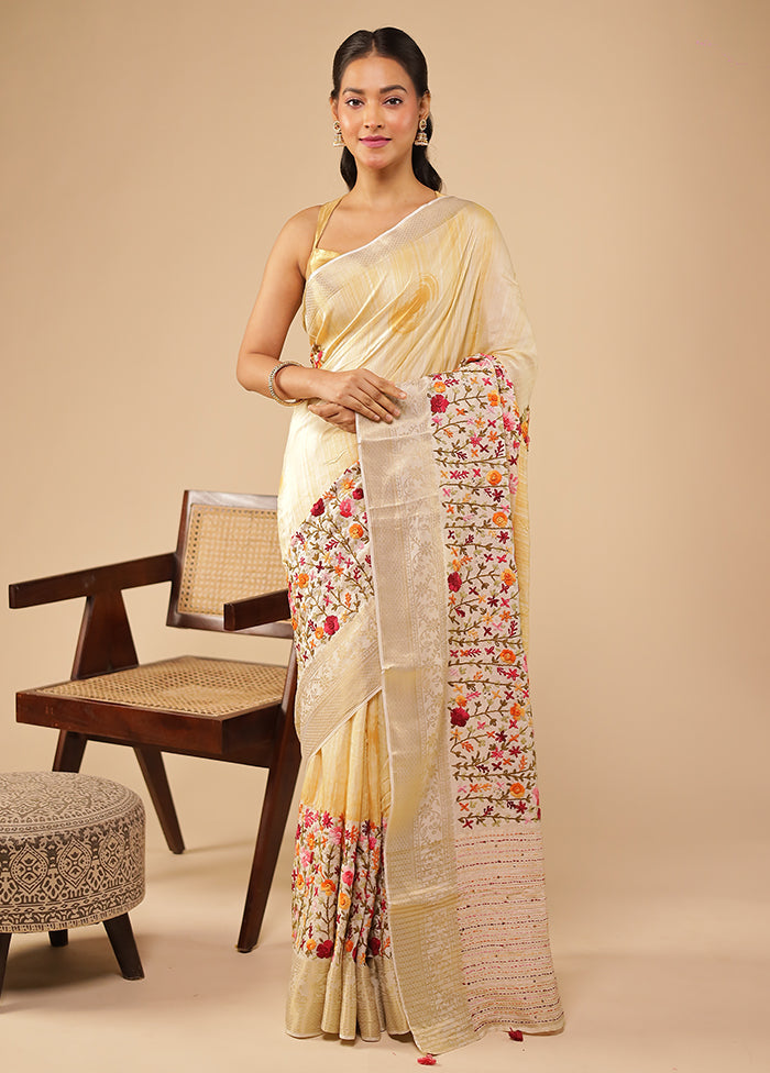 Cream Handloom Tussar Pure Silk Saree With Blouse Piece