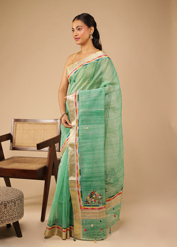 Green Tussar Silk Saree With Blouse Piece