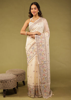Cream Pure Cotton Saree With Blouse Piece