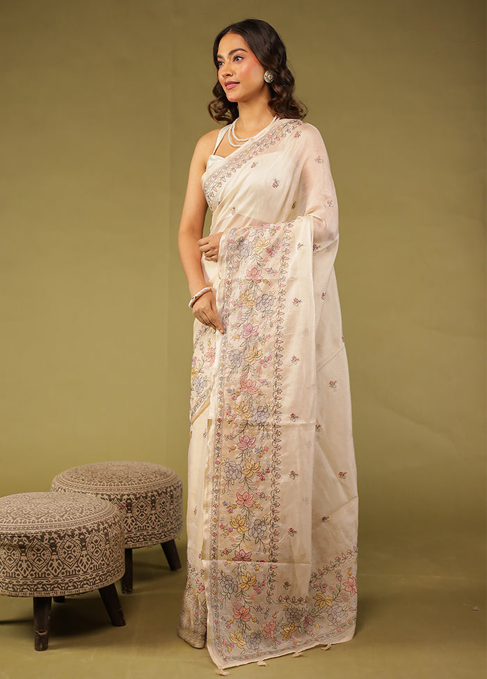 Cream Pure Cotton Saree With Blouse Piece