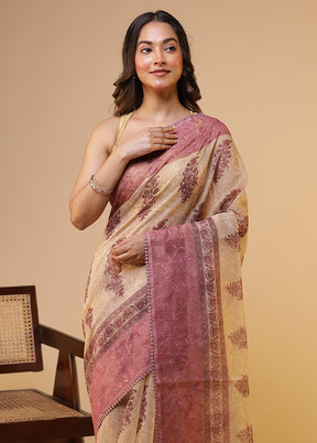Cream Pure Cotton Saree With Blouse Piece