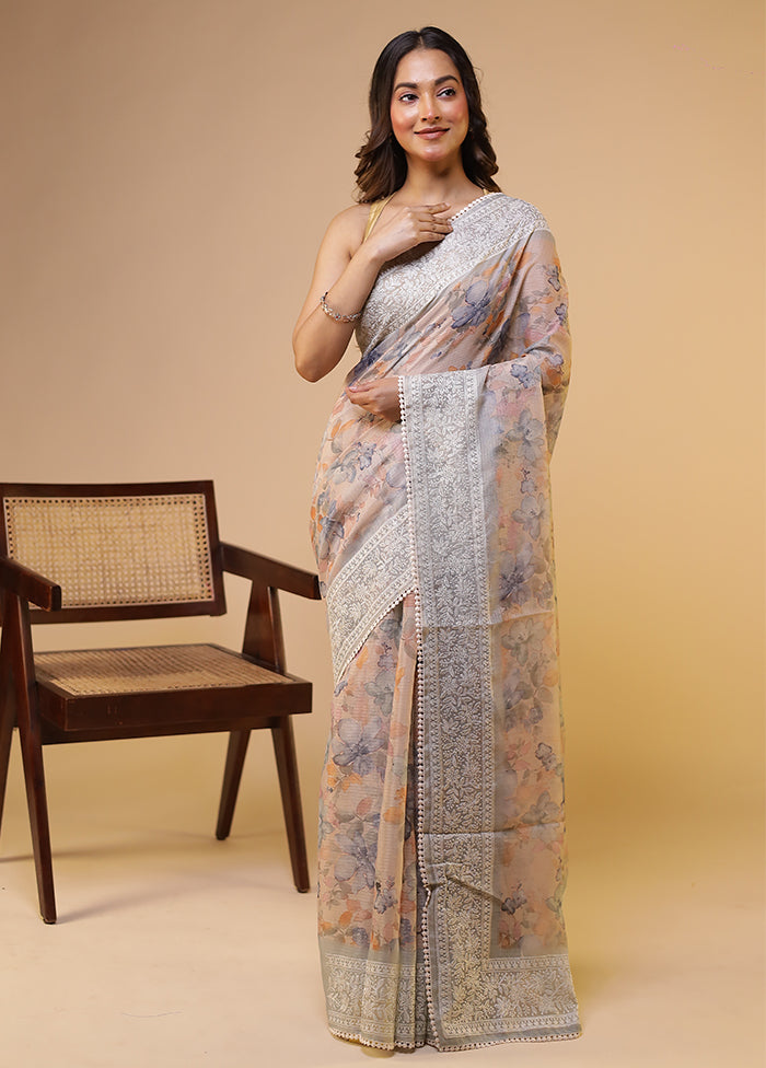 Cream Pure Cotton Saree With Blouse Piece
