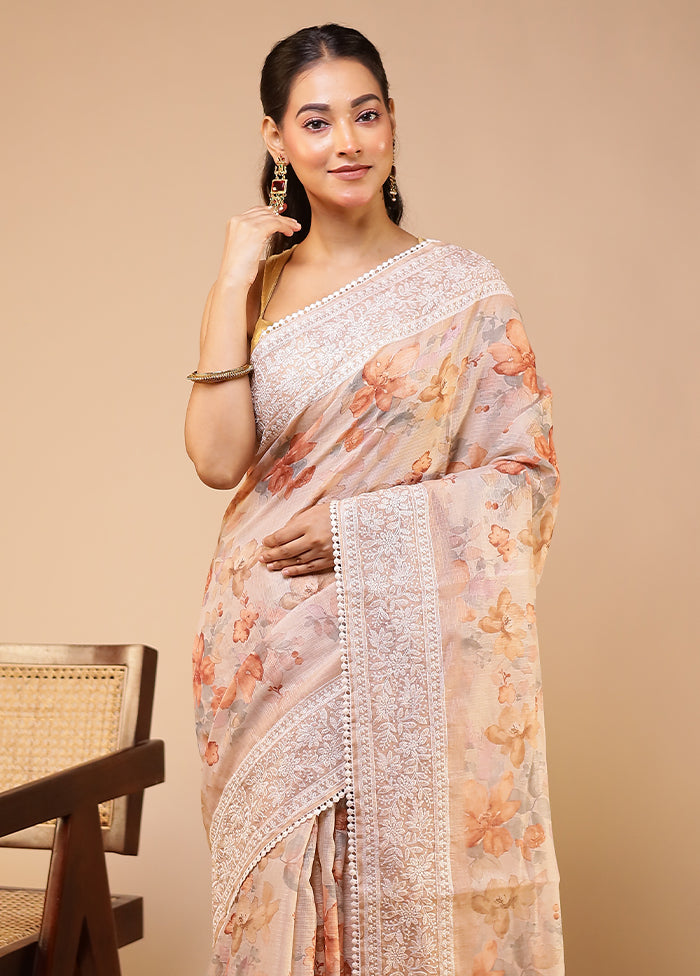 Cream Pure Cotton Saree With Blouse Piece
