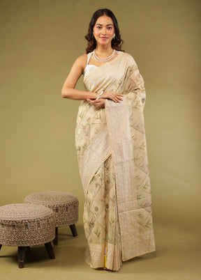 Cream Pure Cotton Saree With Blouse Piece