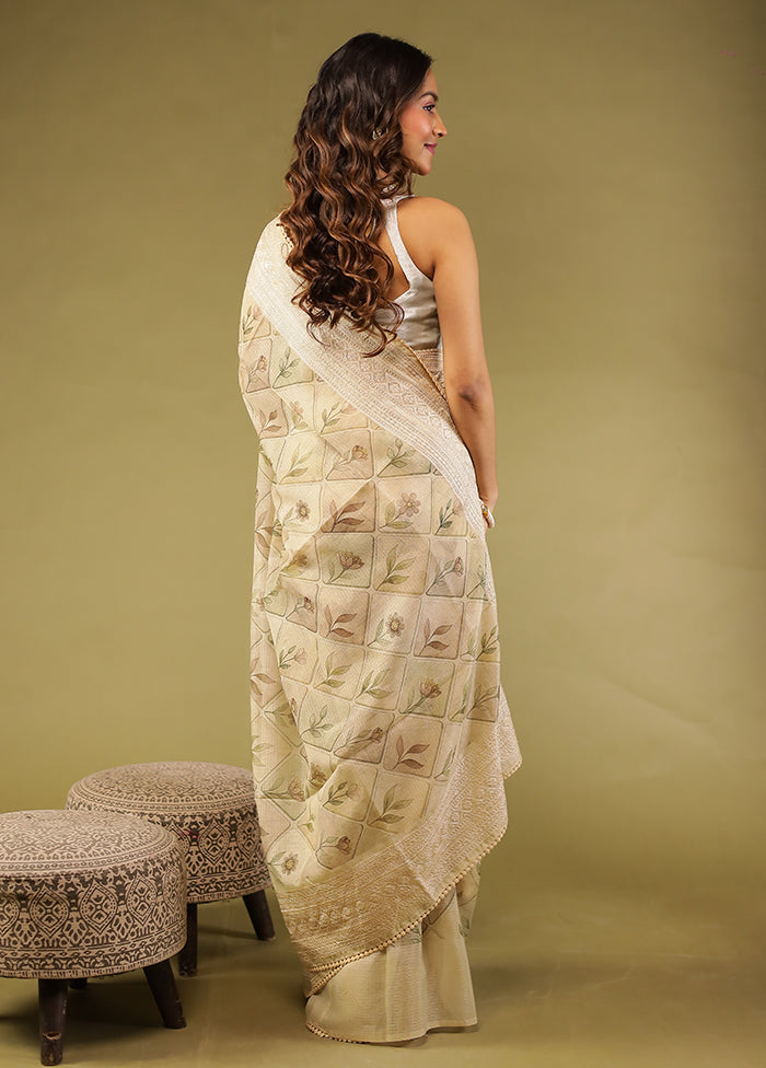 Cream Pure Cotton Saree With Blouse Piece