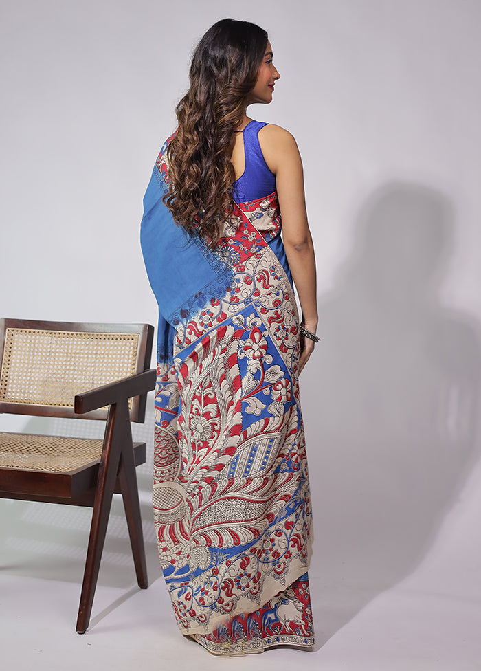 Blue Cotton Saree With Blouse Piece