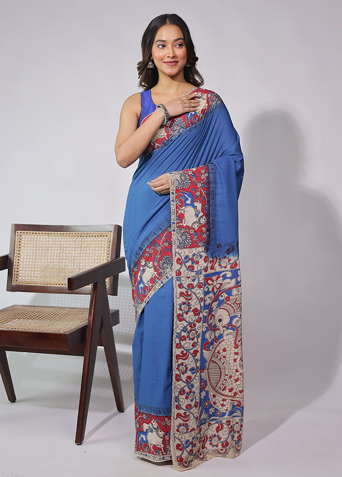 Blue Cotton Saree With Blouse Piece