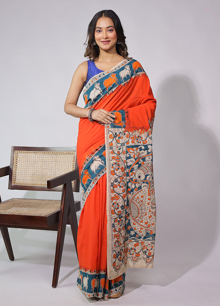 Orange Cotton Saree With Blouse Piece