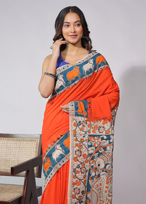Orange Cotton Saree With Blouse Piece