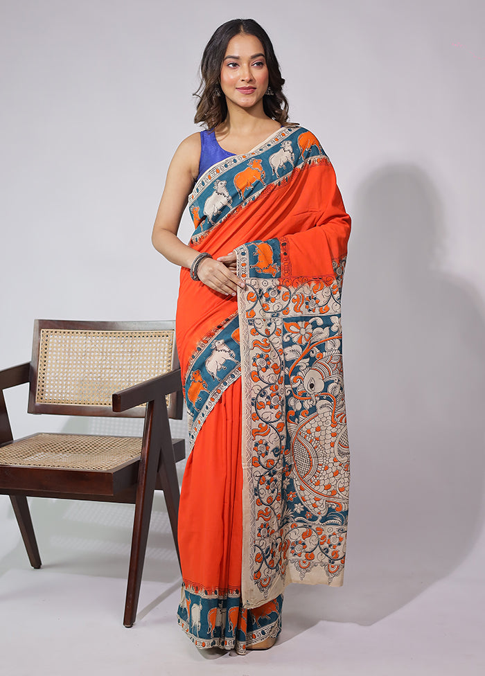 Orange Cotton Saree With Blouse Piece