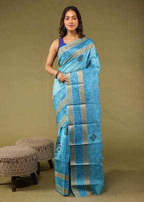 Blue Printed Pure Silk Saree Without Blouse Piece