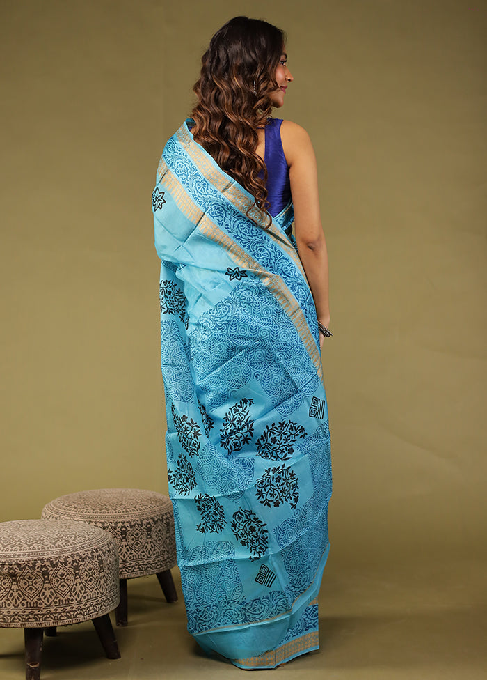 Blue Printed Pure Silk Saree Without Blouse Piece
