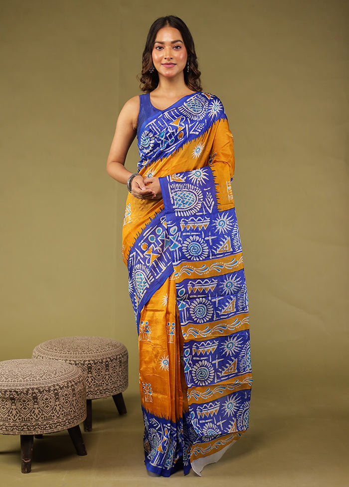 Yellow Printed Pure Silk Saree Without Blouse Piece