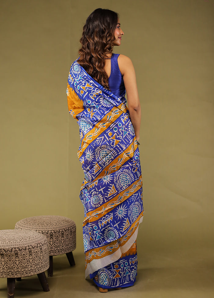 Yellow Printed Pure Silk Saree Without Blouse Piece