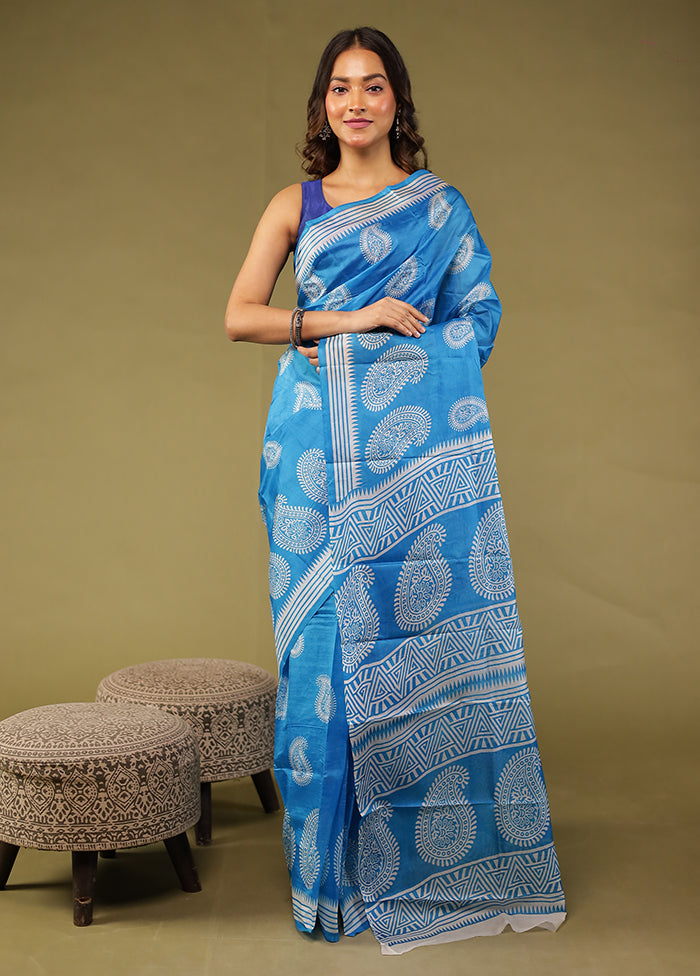 Blue Printed Pure Silk Saree Without Blouse Piece