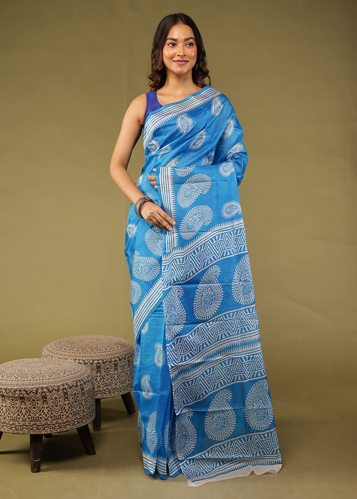 Blue Printed Pure Silk Saree Without Blouse Piece