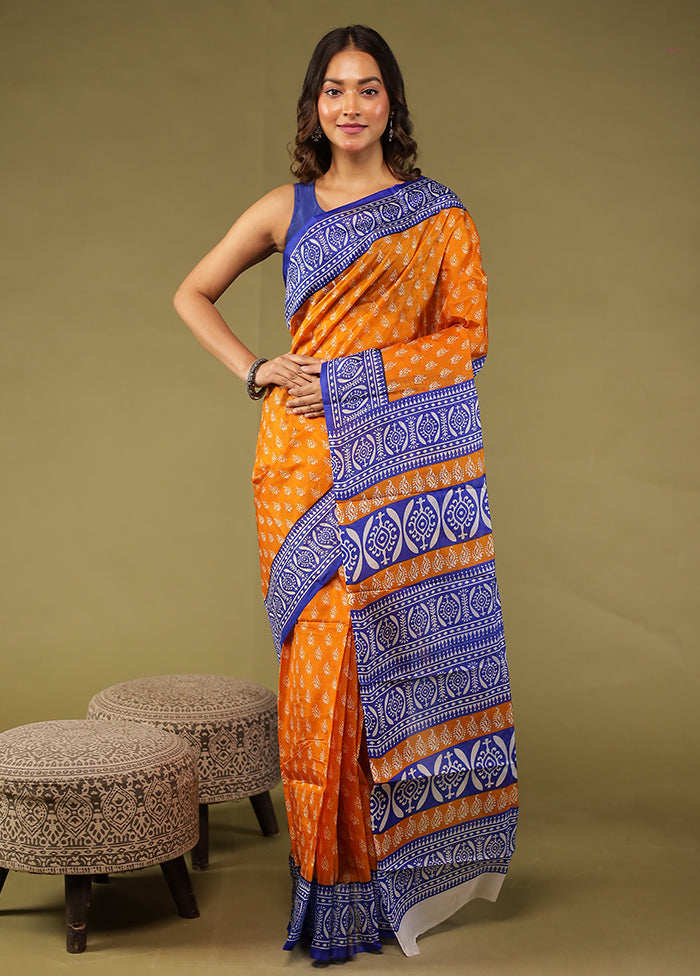 Yellow Printed Pure Silk Saree Without Blouse Piece