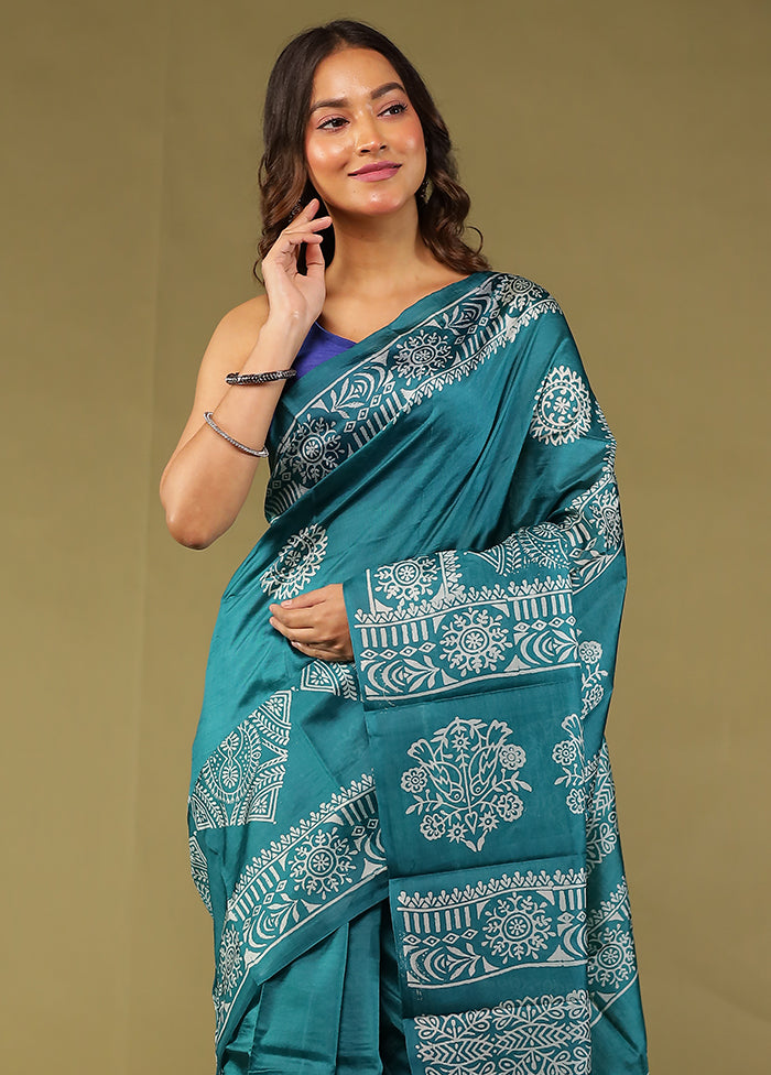 Green Printed Pure Silk Saree Without Blouse Piece