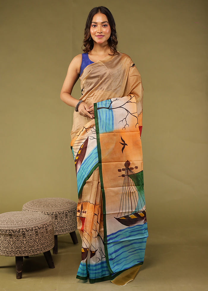 Cream Printed Pure Silk Saree Without Blouse Piece