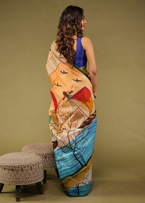 Cream Printed Pure Silk Saree Without Blouse Piece