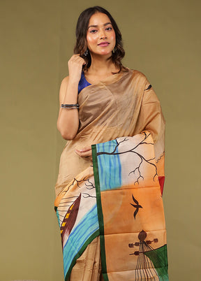Cream Printed Pure Silk Saree Without Blouse Piece