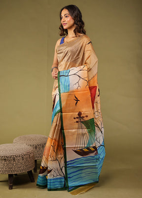 Cream Printed Pure Silk Saree Without Blouse Piece