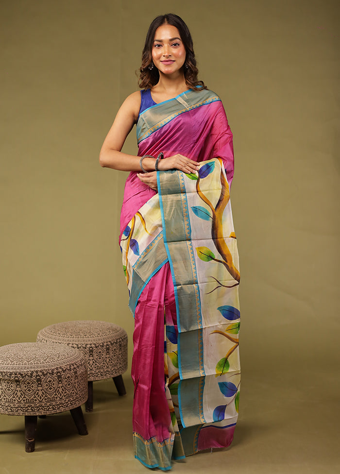Purple Printed Pure Silk Saree Without Blouse Piece