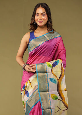 Purple Printed Pure Silk Saree Without Blouse Piece