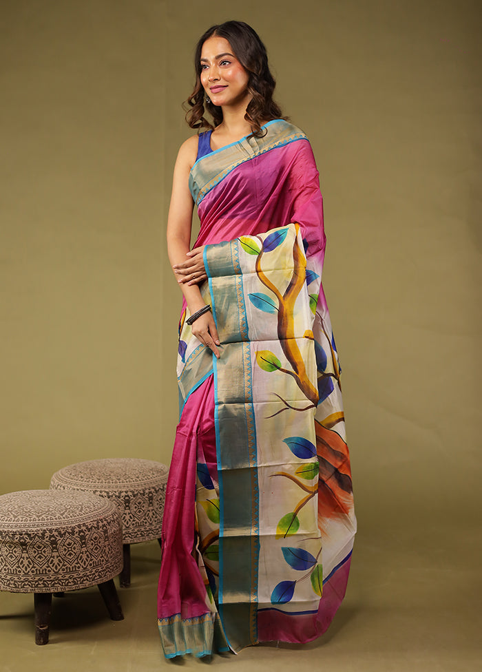 Purple Printed Pure Silk Saree Without Blouse Piece