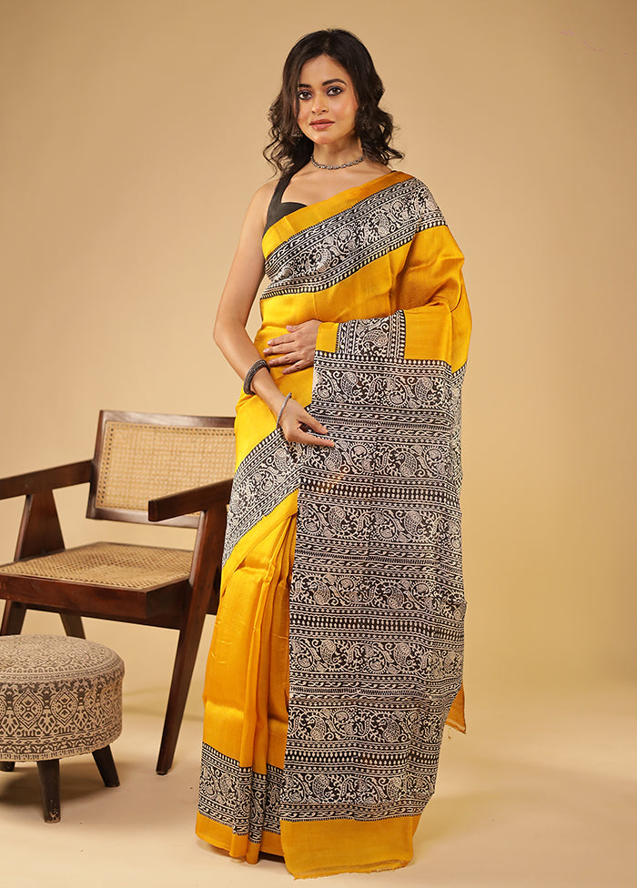 Yellow Printed Pure Silk Saree Without Blouse Piece