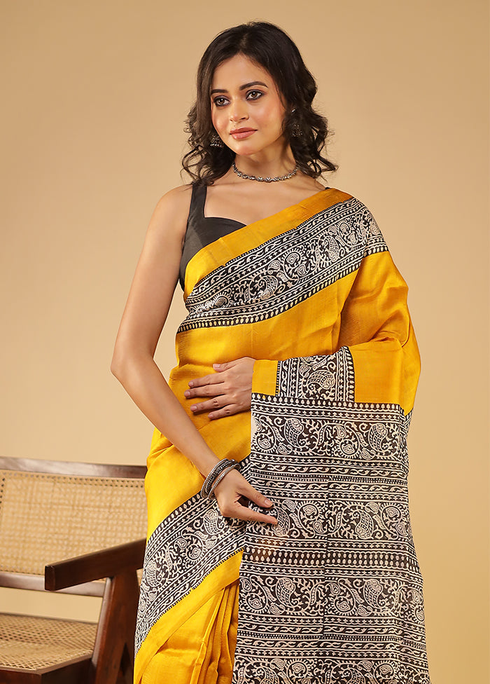 Yellow Printed Pure Silk Saree Without Blouse Piece