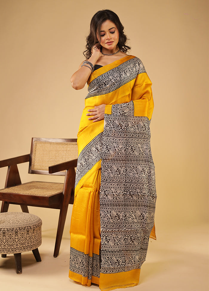 Yellow Printed Pure Silk Saree Without Blouse Piece