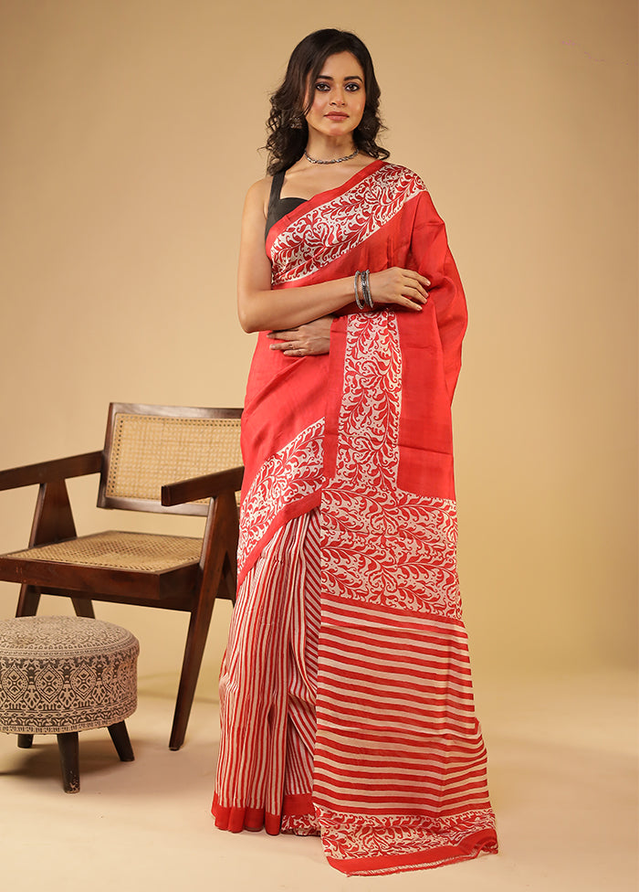 Red Printed Pure Silk Saree Without Blouse Piece