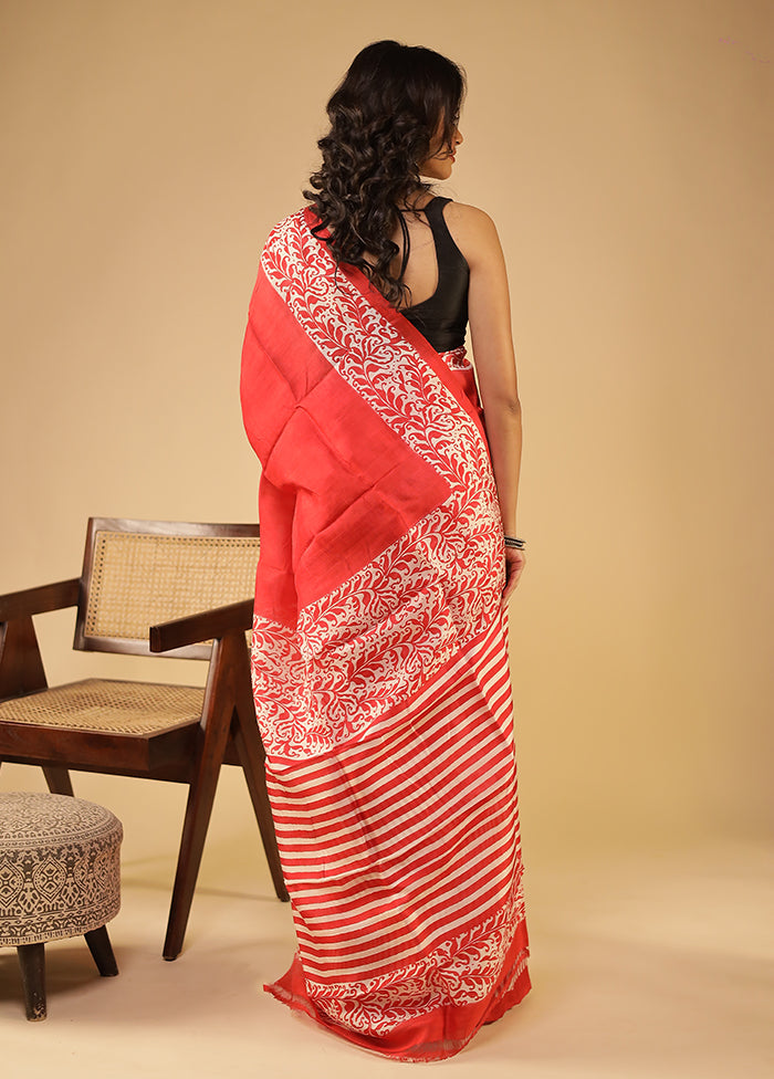 Red Printed Pure Silk Saree Without Blouse Piece