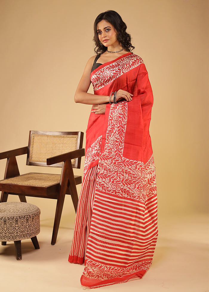 Red Printed Pure Silk Saree Without Blouse Piece